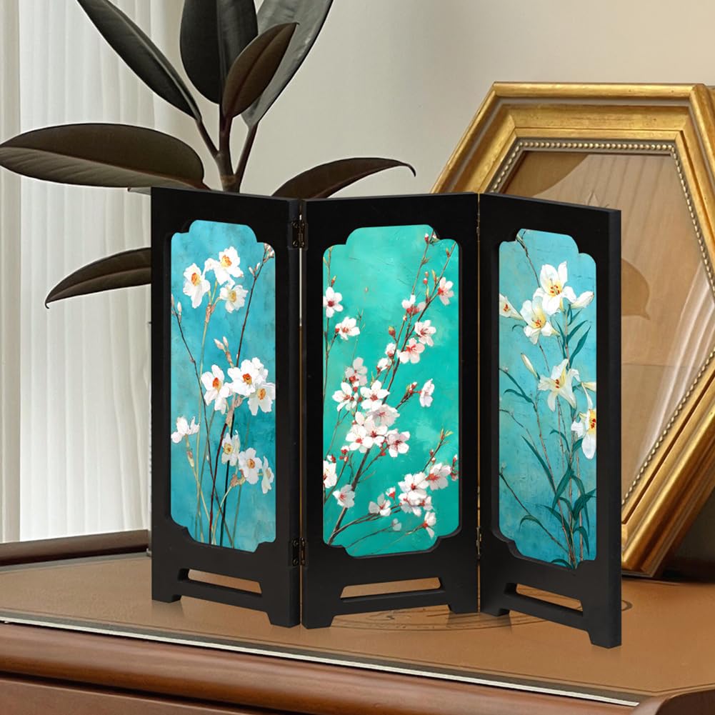 YANGSHINE Chinese Style Double Sided Lotus Pattern Mini Folding Screens Desktop Decoration Acrylic Foldable Screen with 3 Panel Divider for Home
