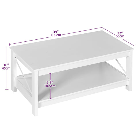 YITAHOME Coffee Table, Small 2-Tier Wooden Table with Storage Shelf, 100x55.3x45cm White Coffee Tables for Living Room