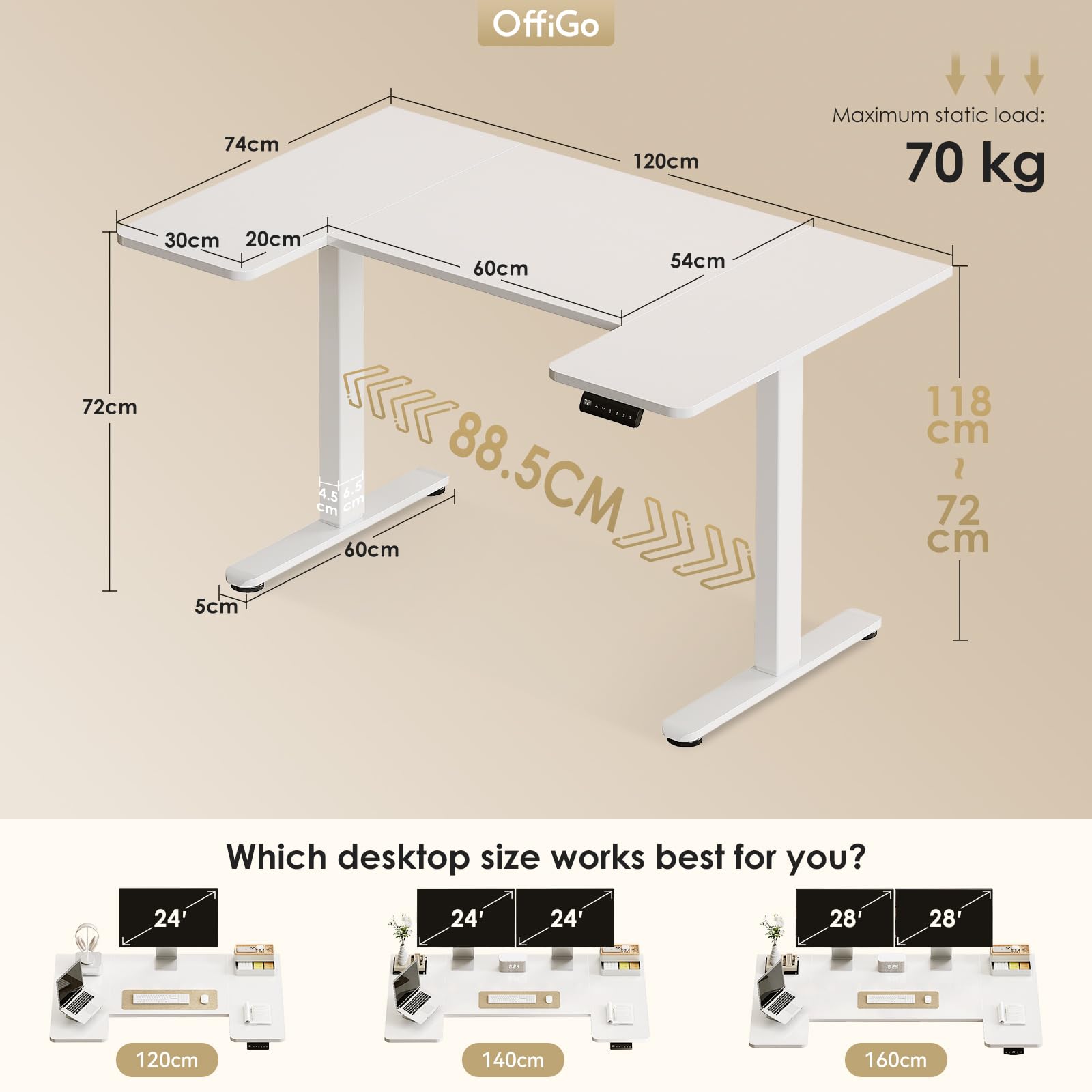 OffiGo Height Adjustable Desk, U Shaped Standing Desk with 3 Memory Presets