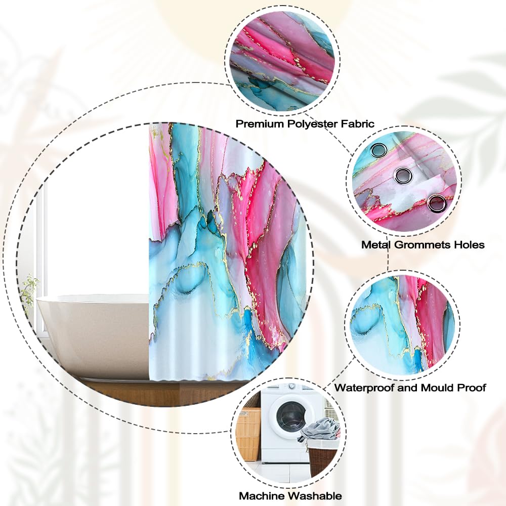 Xiaoterna Blue and Pink Gold Dots Marble Shower Curtain Modern Concise Waterproof Bathroom Curtain Abstract Contemporary Aesthetic Washable Mildew