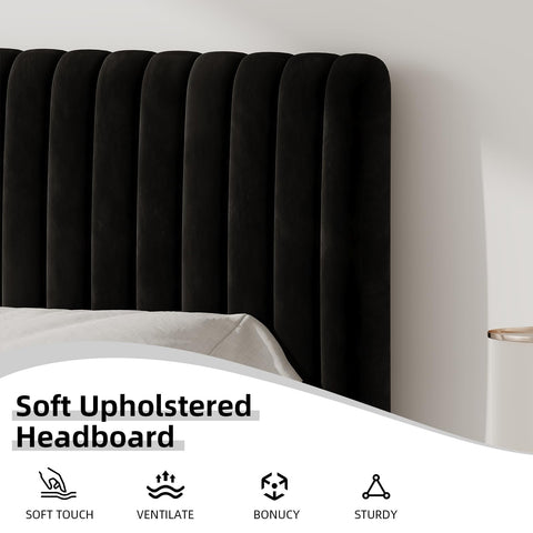 HOMBCK Single Bed Frame, 90 x 190 cm, Upholstered Bed with Velvet Headboard, Adjustable Height, Wooden Slat Support, No Box Spring Needed, Black