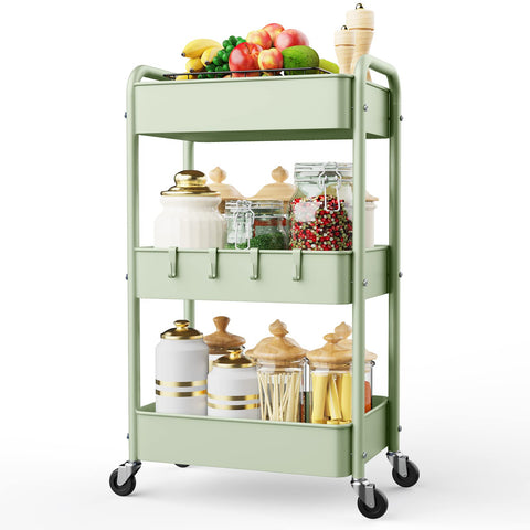 LEHOM 3 Tier Rolling Storage Cart, Metal Trolley Utility Cart with Wheels & Hooks