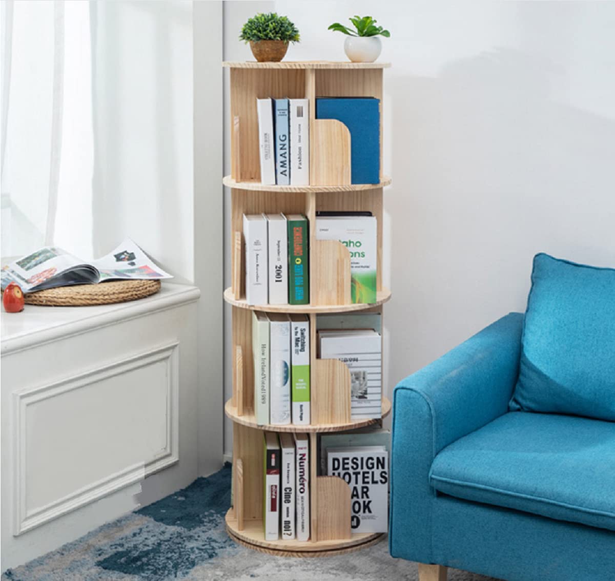 Heehee Rotating Bookshelf 360 Display 4 Tier Floor Standing Bookcase Storage Rack for Kids&Adults Solid Wood Bookshelf Organizer