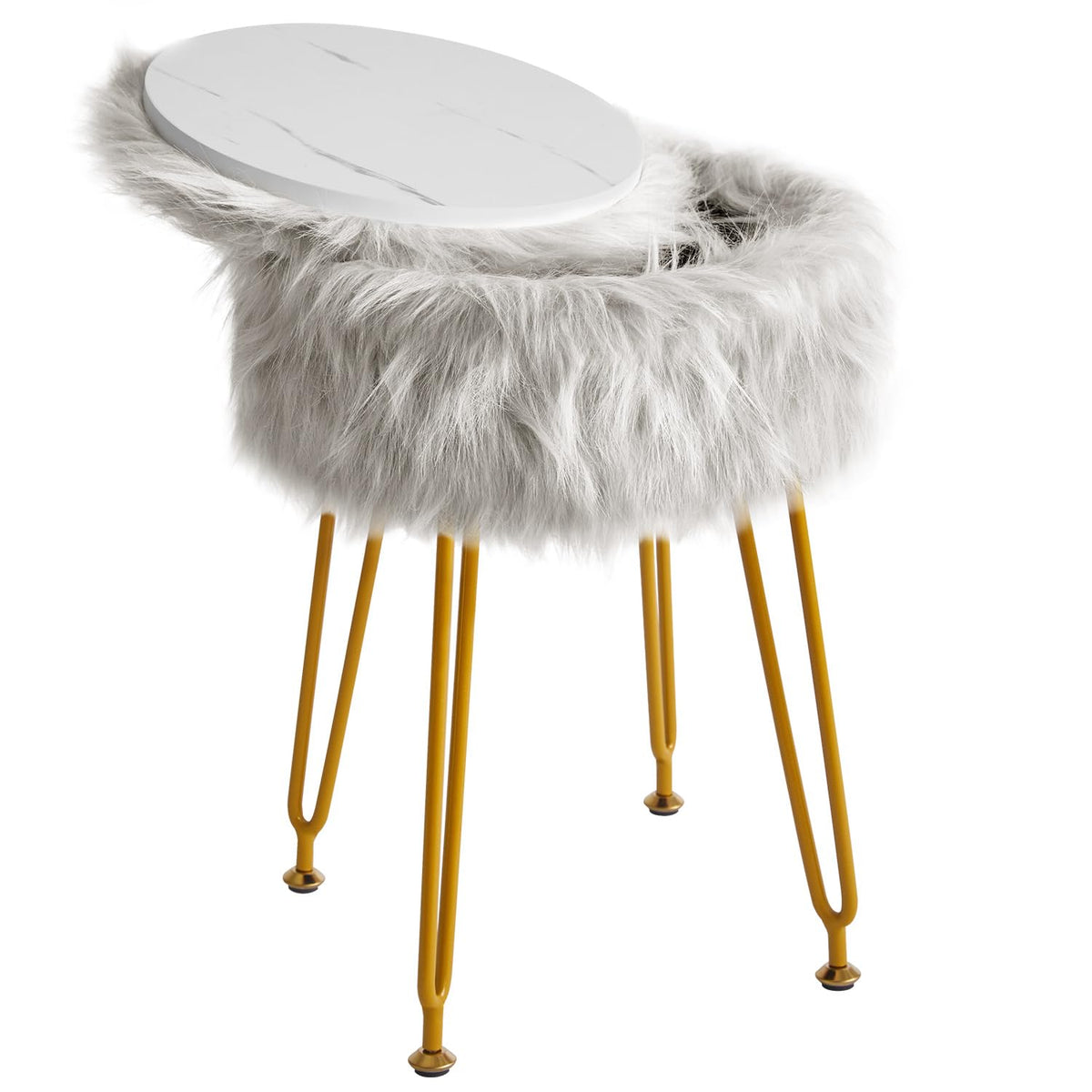 IBUYKE Round Faux Fur Vanity Stool with Storage, Makeup Chair, Gray WBD021G