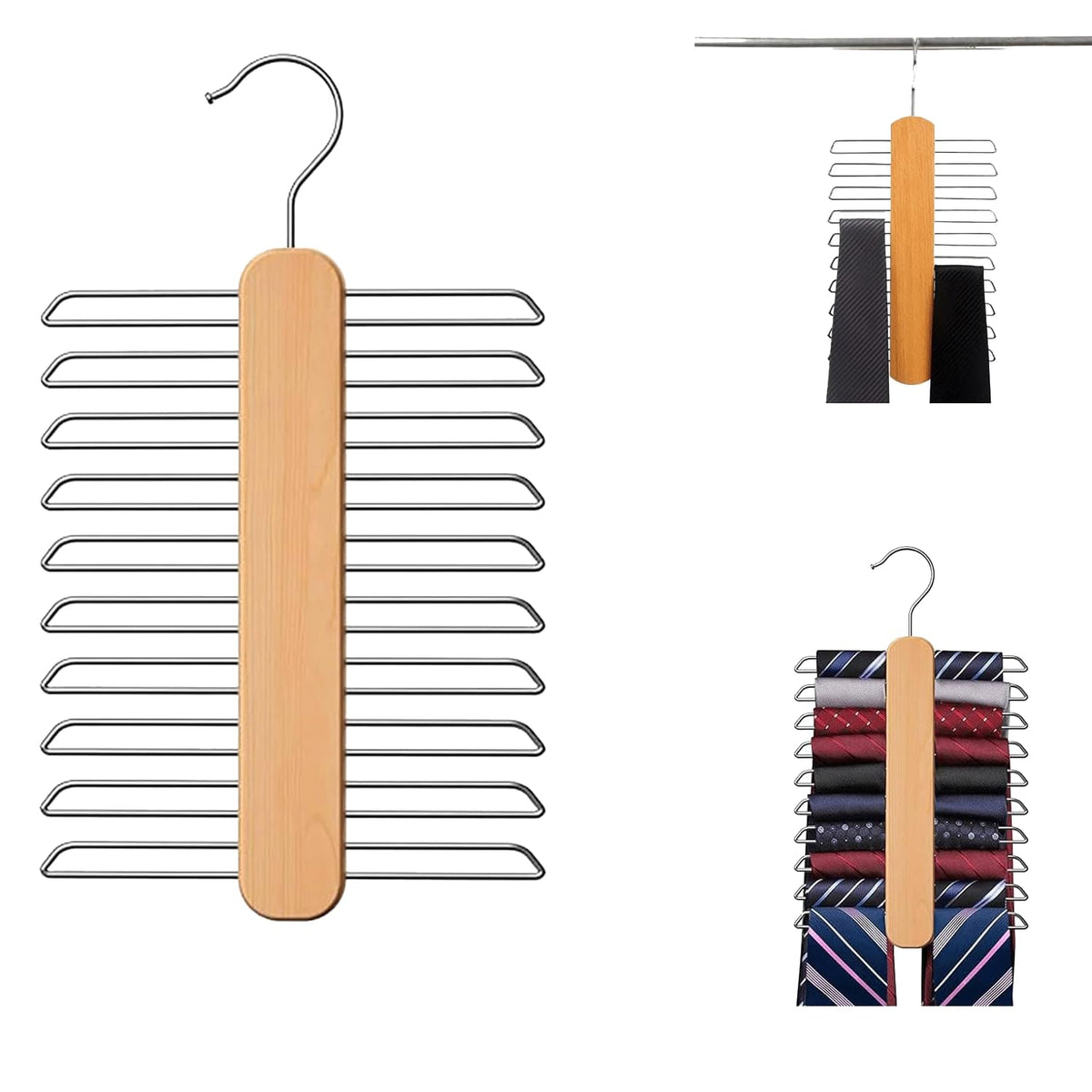 BOBOZHONG Wooden Tie Hanger for Wardrobe – 20 Non-Slip Chrome Bars Tie Organiser & Belt Rack with 360° Swivel Hook, Space-Saving Storage for Ties