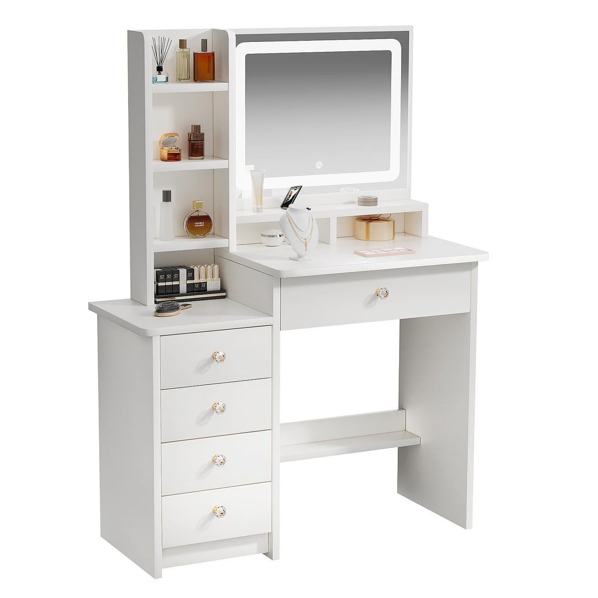 ZenkiHome Dressing Table with LED Mirror and Adjustable Lights, 90cm White Vanity Desk