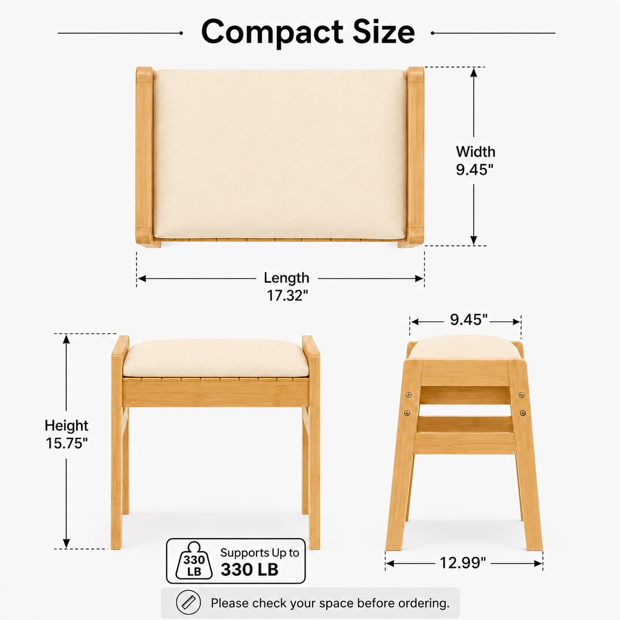 BAMBOOHOMIE Foot Stool Ottoman, Modern Vanity Stool Chair for Makeup with Removable Cushion & Side Handles