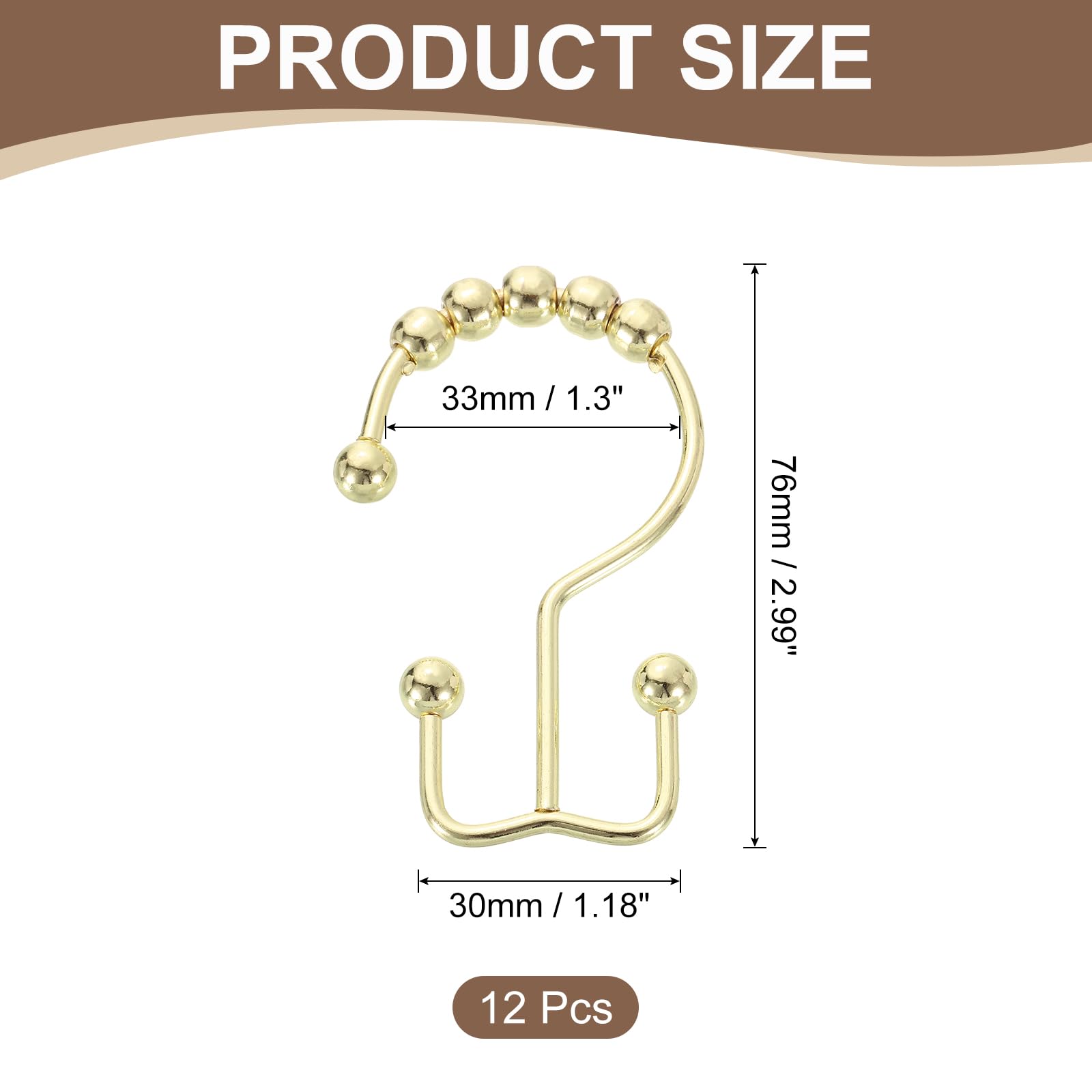 sourcing map 12Pcs Shower Curtain Hooks, Metal Double Glide Shower Rings, Curtain Rolling Shower Hooks for Rust-Resistant Sliding Smoothly, Gold