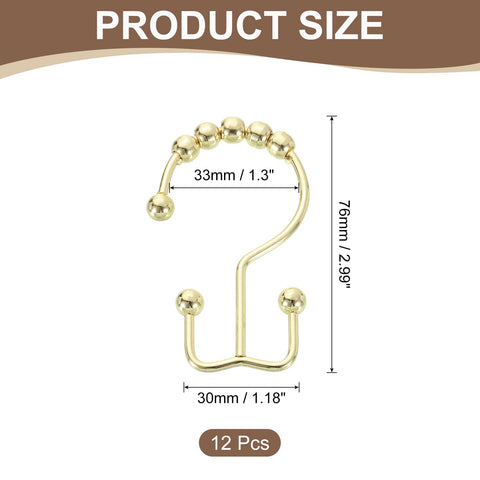 sourcing map 12Pcs Shower Curtain Hooks, Metal Double Glide Shower Rings, Curtain Rolling Shower Hooks for Rust-Resistant Sliding Smoothly, Gold