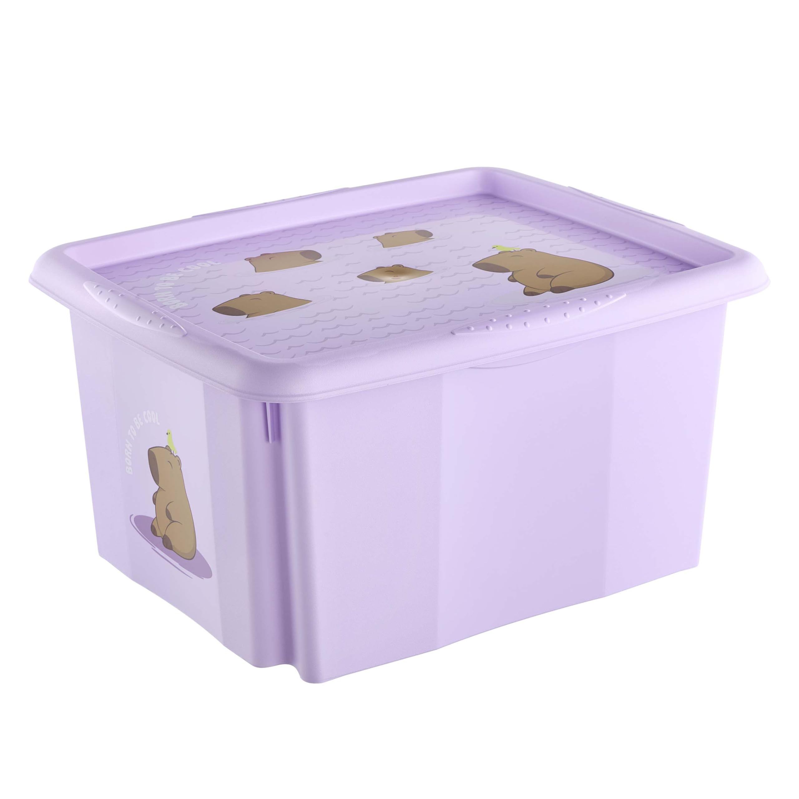 keeeper karolina storage box with lid, 24 l, nestable and stackable, Design: Capybara, For children, Violet (Soft Purple)