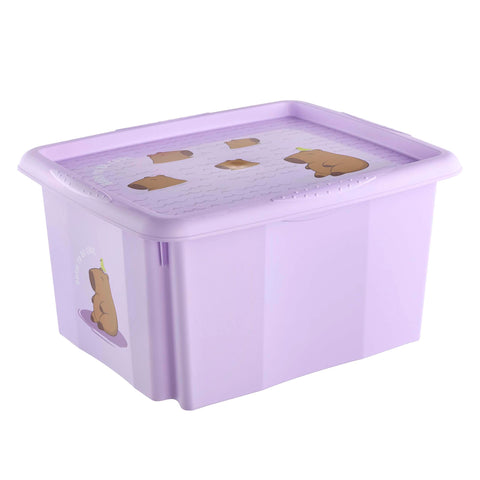 keeeper karolina storage box with lid, 24 l, nestable and stackable, Design: Capybara, For children, Violet (Soft Purple)