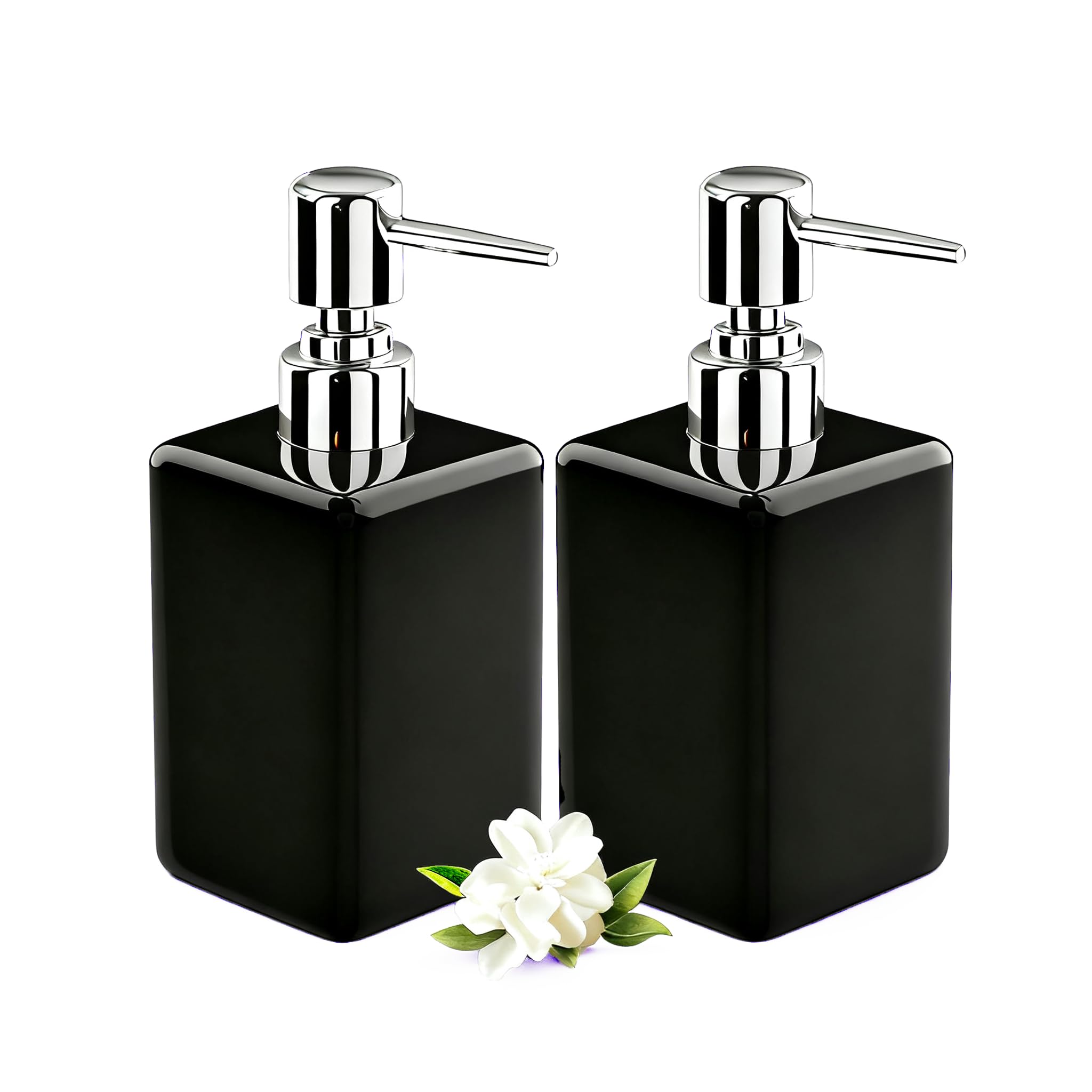 Qudubuy Refillable Square Ceramic Soap Dispenser with Long Spout Lotion Pump Bottle, 2Pcs 320ml Hand Wash Dispenser for Kitchen, Bathroom, Office