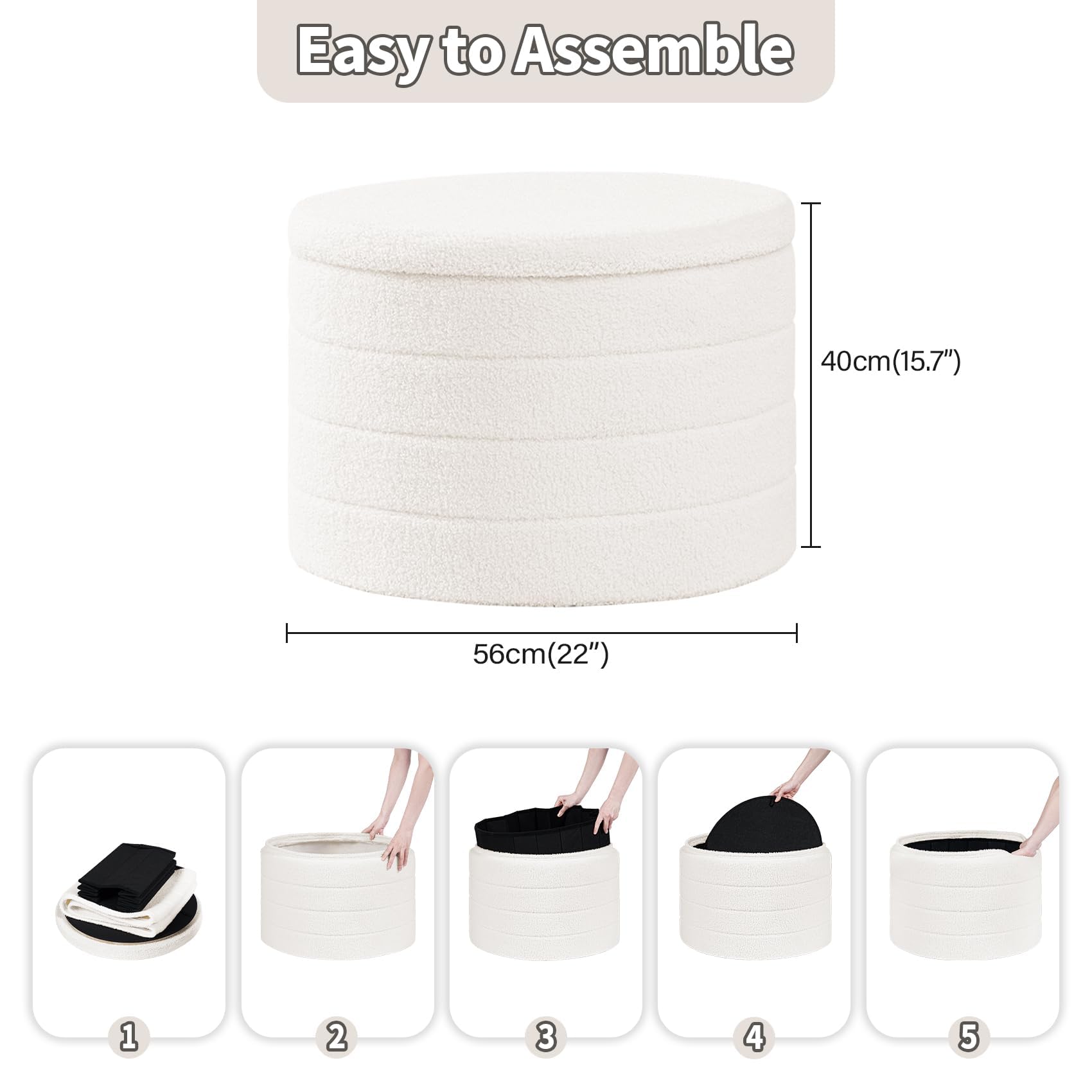 PINPLUS Round Ottoman Storage, Convertible Table, Cream White, 56x56x40 cm