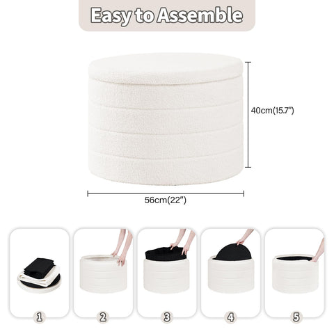 PINPLUS Round Ottoman Storage, Convertible Table, Cream White, 56x56x40 cm