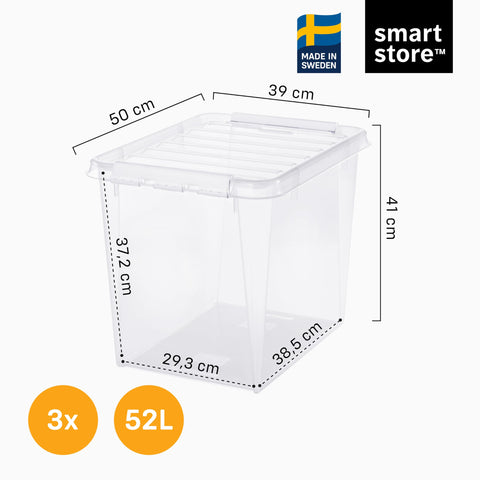 SmartStore - 3x Plastic Storage Box with Lid Classic 52L (50x39x41cm) |Plastic Storage Drawers with Lid|Food-Safe Material|Kitchen &