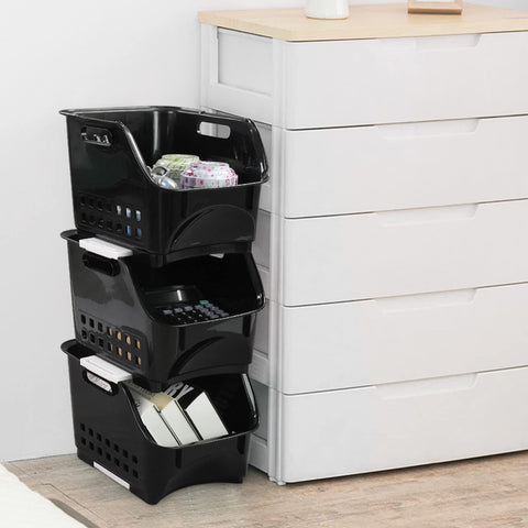 Morcte 3 Tier Stacking Baskets Storage Veg Rack Plastic Stackers, Black