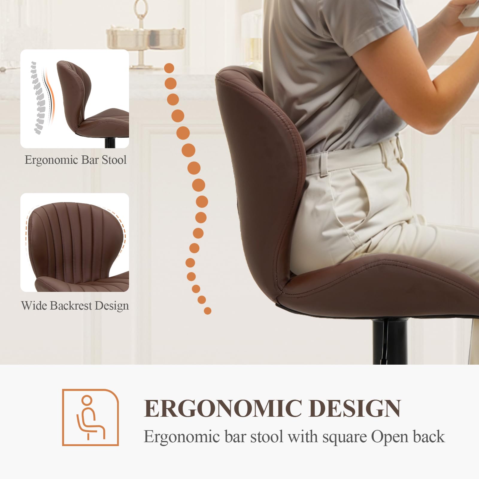 COLAMY Breakfast Bar Stools Set of 2, Modern Swivel Kitchen Bar Chairs, Adjustable PU Leather Upholstered Barstools Counter Height with High Backrest