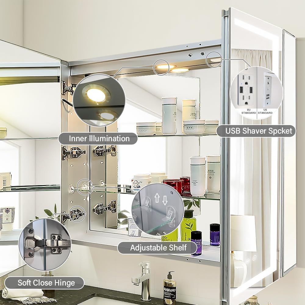 Janboe LED Mirror Cabinet,Bathroom Mirror Cabinet with Lights,91cm×81cm,Equip with Internal Light,Aluminum Construction,USB Shaver Socket,3