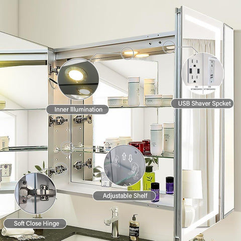 Janboe LED Mirror Cabinet,Bathroom Mirror Cabinet with Lights,91cm×81cm,Equip with Internal Light,Aluminum Construction,USB Shaver Socket,3