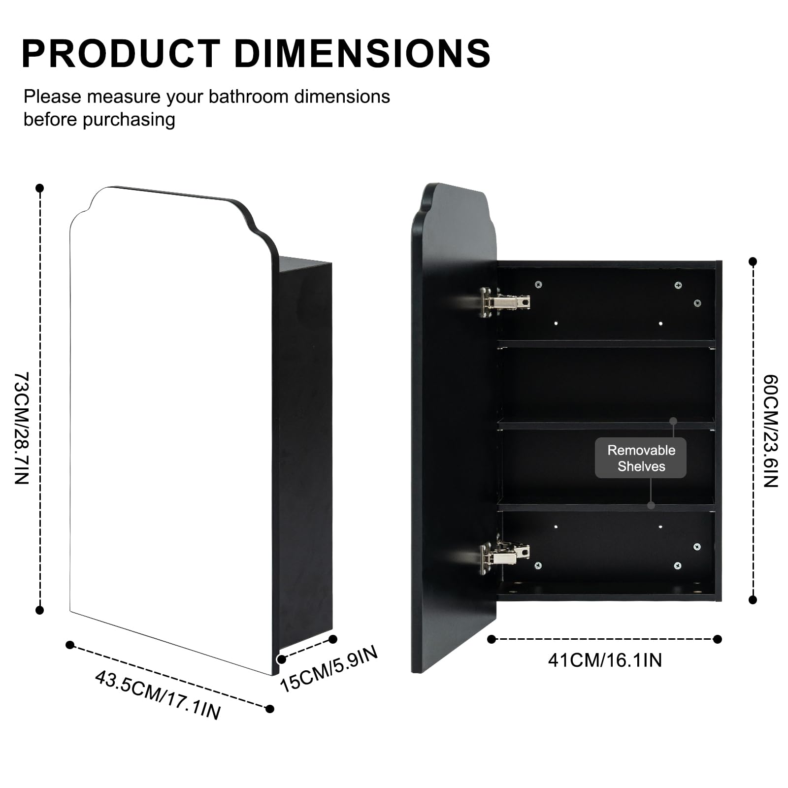 Lumibric Bathroom Cabinets with Mirror, Black Wooden, 73x43.5x15cm