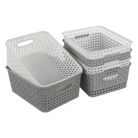 Dynko Plastic Weave Rattan Storage Basket, 6 Packs, Grey White