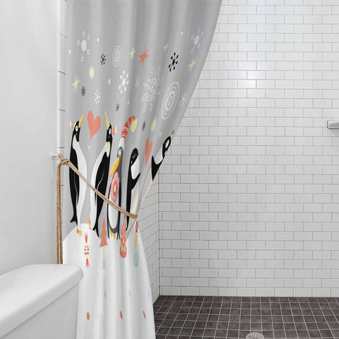 Woutay Shower Curtain Mould Proof Resistant Happy Penguin,Water Repellant Fabric,Polyester,with 12 Plastic Hooks