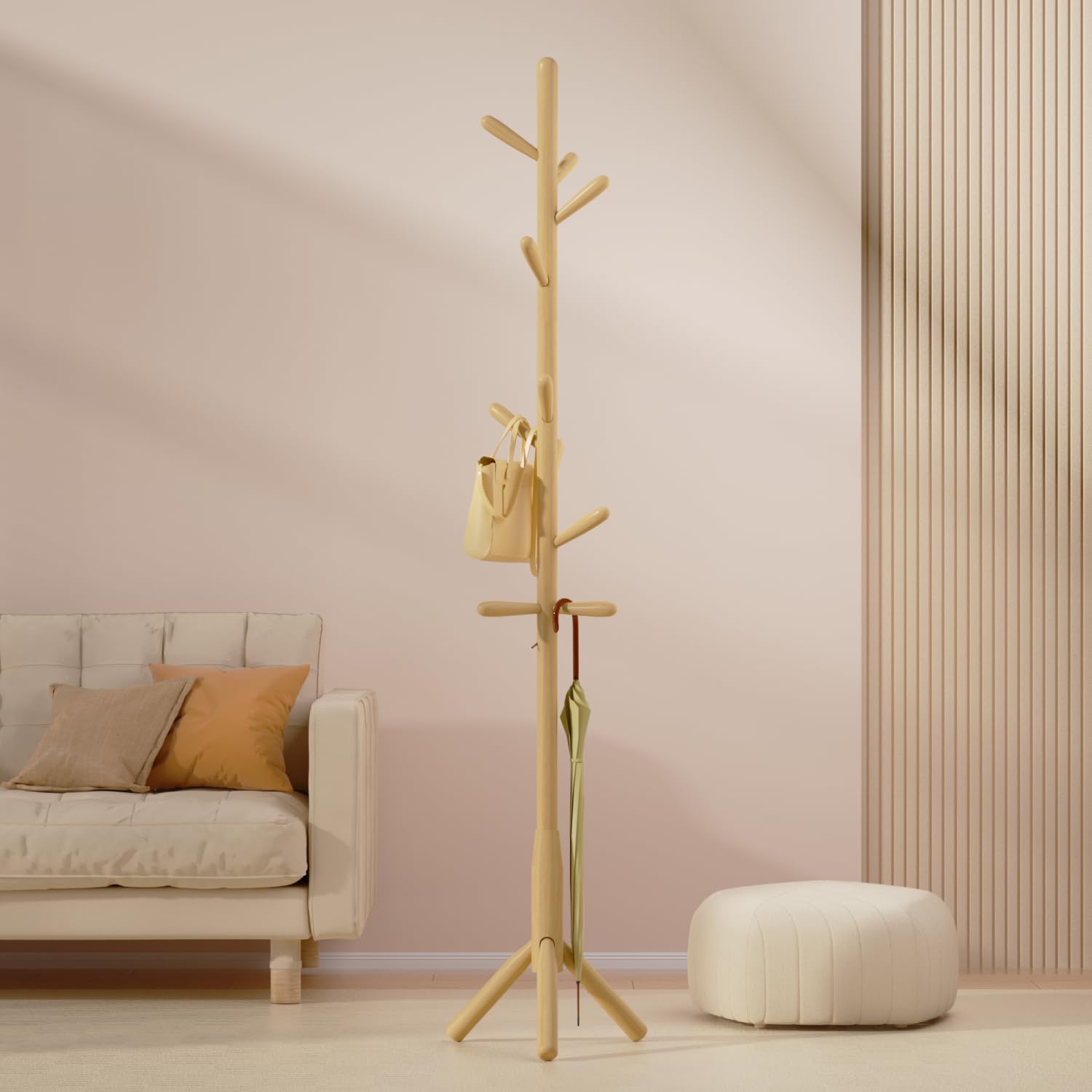 Solid Wood Coat Rack, Freestanding Tree-Shaped Coat Rack with 11 Hooks, Main Pole 1.6" dia for Clothes, Hat Stand Used in Bedroom/Office/Entryway