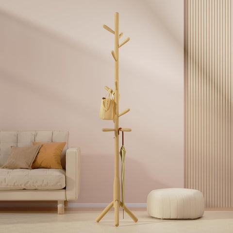 Solid Wood Coat Rack, Freestanding Tree-Shaped Coat Rack with 11 Hooks, Main Pole 1.6" dia for Clothes, Hat Stand Used in Bedroom/Office/Entryway