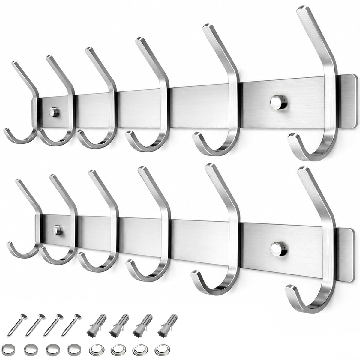 TINIFO Coat Hooks Wall Mounted - Stainless Steel Coat Rack 6 Hook for Hallway, Door (2 Pack), Silver