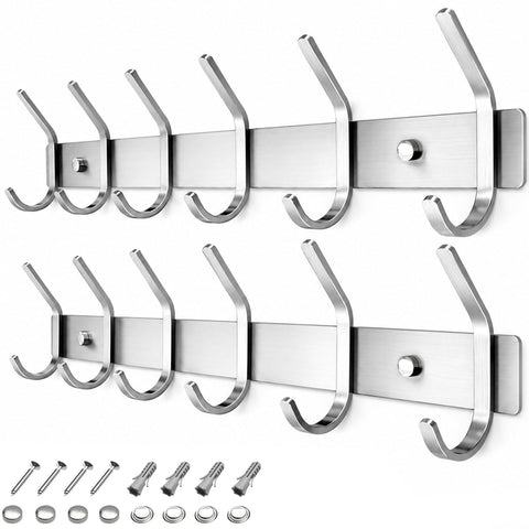 TINIFO Coat Hooks Wall Mounted - Stainless Steel Coat Rack 6 Hook for Hallway, Door (2 Pack), Silver
