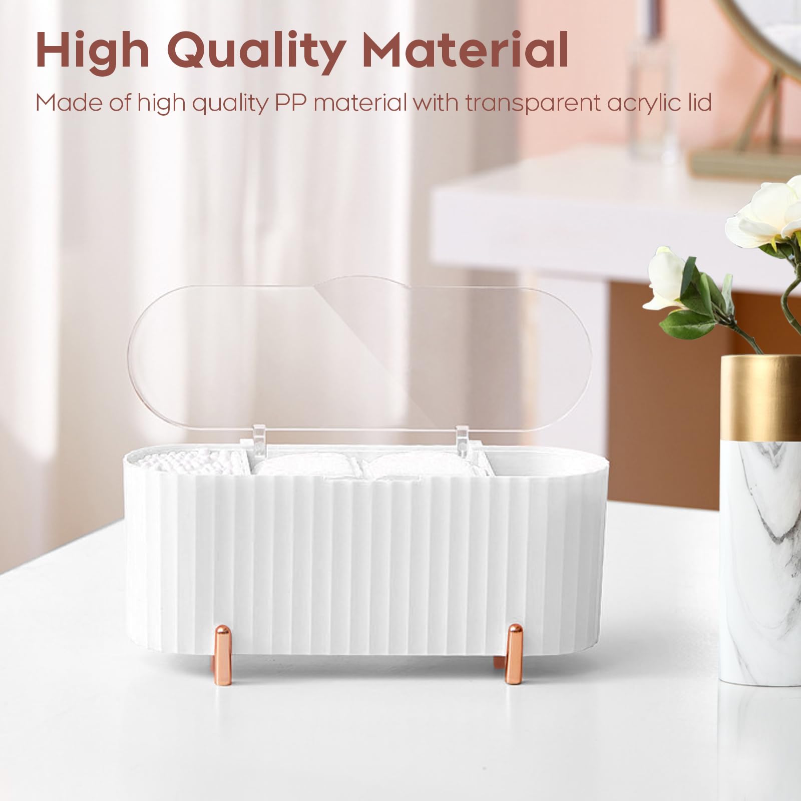 PCKOBEVER Makeup Pads Container, Cotton Swab Holder, Pad Dispenser With 3 Compartments, Storage With Lid, Makeup Organiser