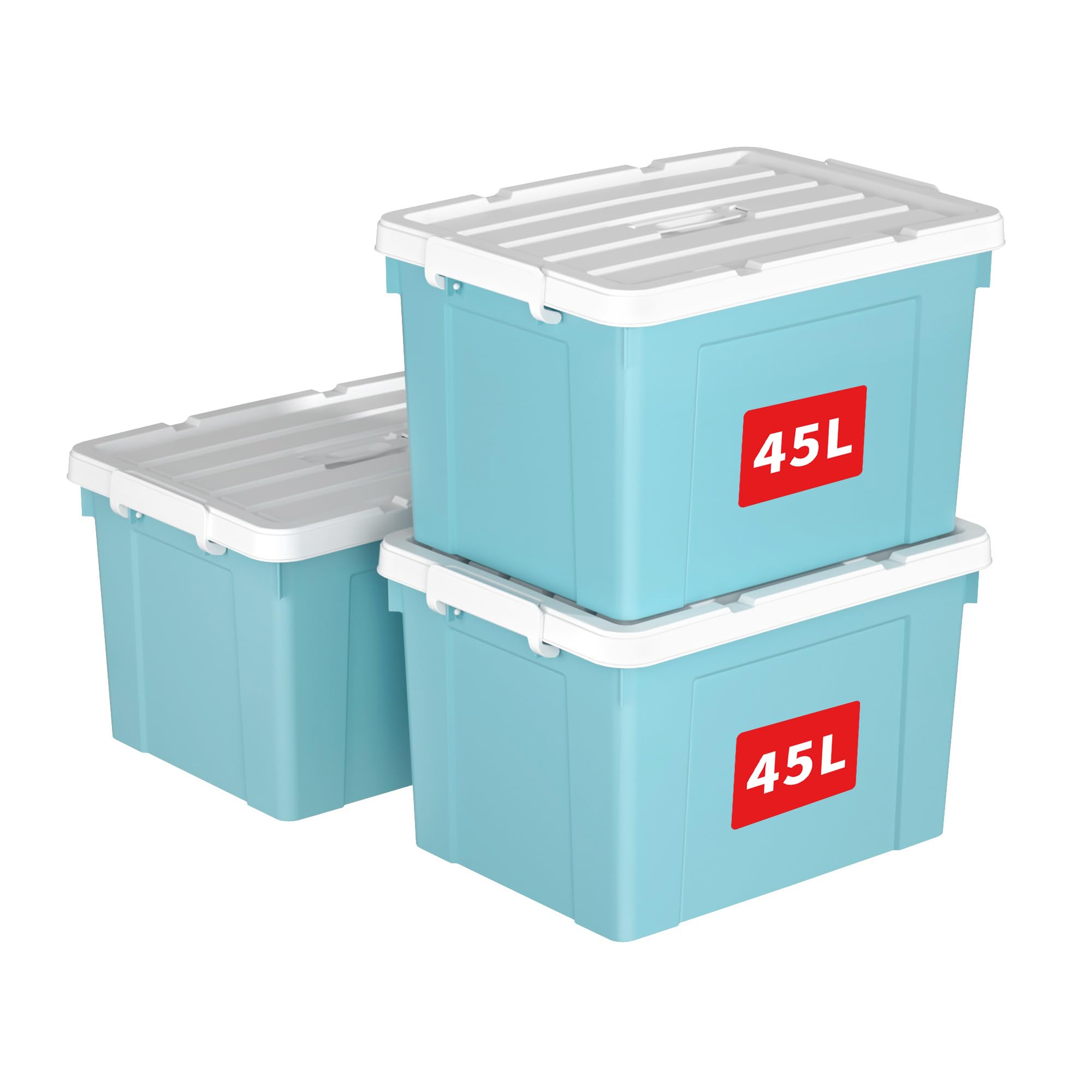 Cetomo 45L*3 Storage Boxes, Carry Plastic Storage Box with Lids, Organizing Container with Handle and Secure Latching Buckles, Stackable, Nestable