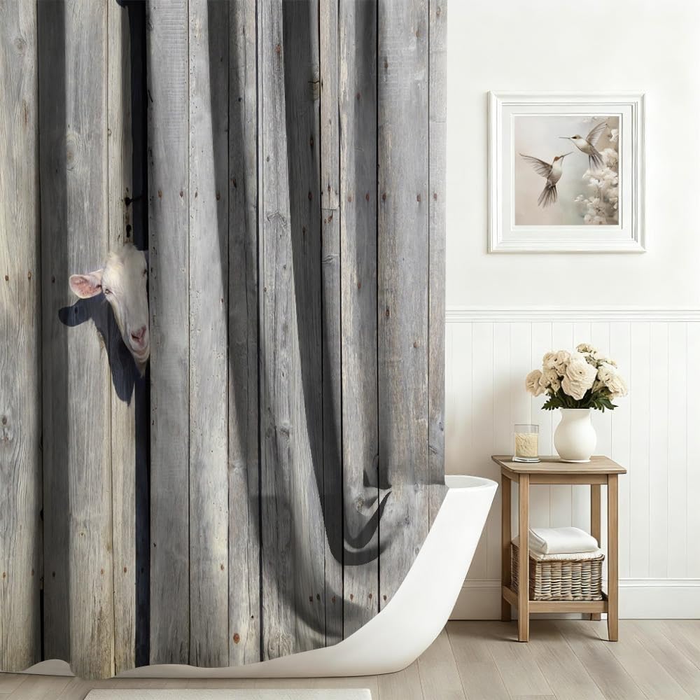 Xiaoterna Rustic Shower Curtain Farm Animal Bathroom Curtain Rustic Wooden Door Cute Sheep in Rustic Wooden Cottage Farmland Waterproof Mildew
