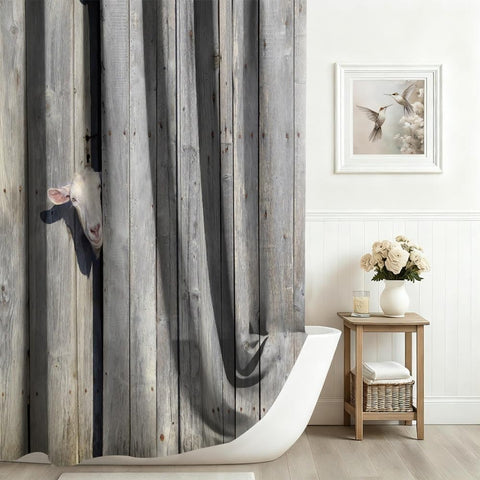Xiaoterna Rustic Shower Curtain Farm Animal Bathroom Curtain Rustic Wooden Door Cute Sheep in Rustic Wooden Cottage Farmland Waterproof Mildew