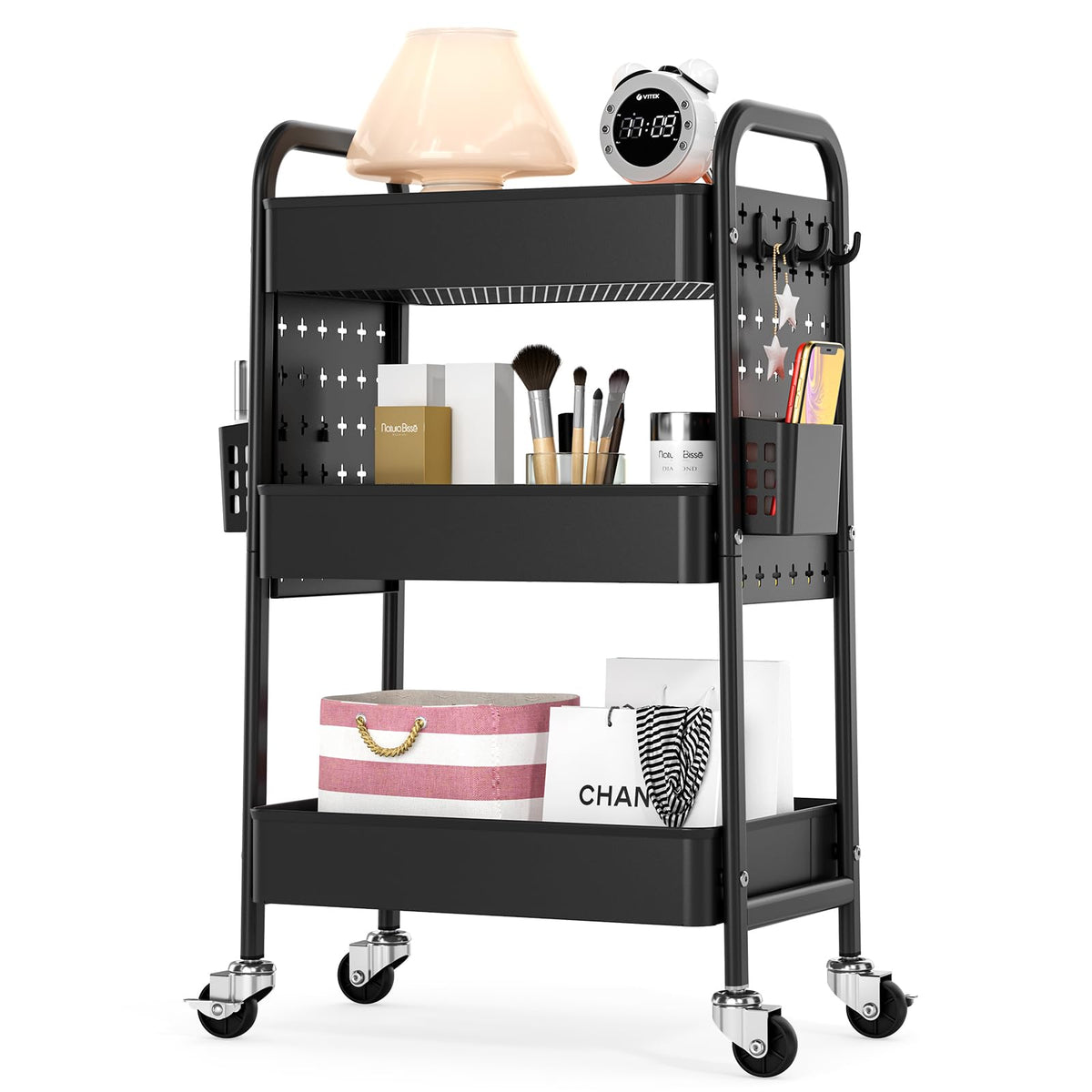 KINGRACK 3-Tier Rolling Cart with DIY Hanging Board, Metal Utility Cart with Wheels, Handles, Baskets & Hooks, Storage Organizer for Bathroom