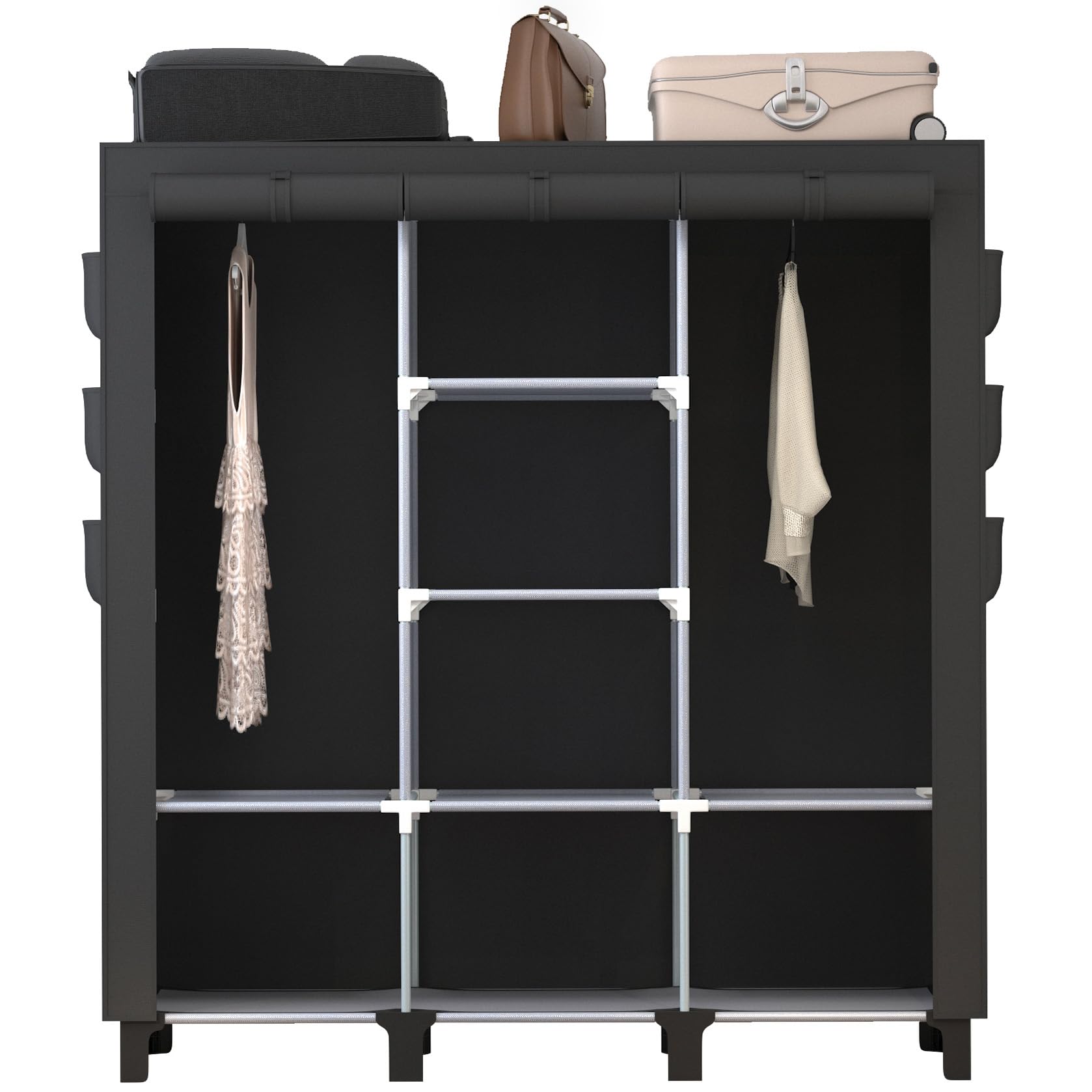 chunyangjingpin Portable Closet with 2 Hanging Rails & 8 Shelves, Bedroom Wardrobe with 18 Side Pockets, Foldable Garment Organiser (Black)
