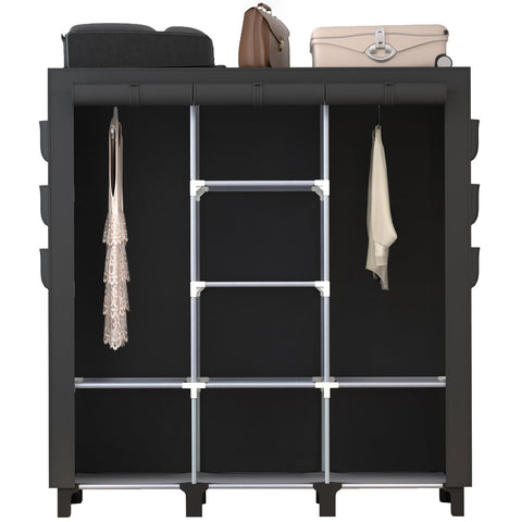 chunyangjingpin Portable Closet with 2 Hanging Rails & 8 Shelves, Bedroom Wardrobe with 18 Side Pockets, Foldable Garment Organiser (Black)
