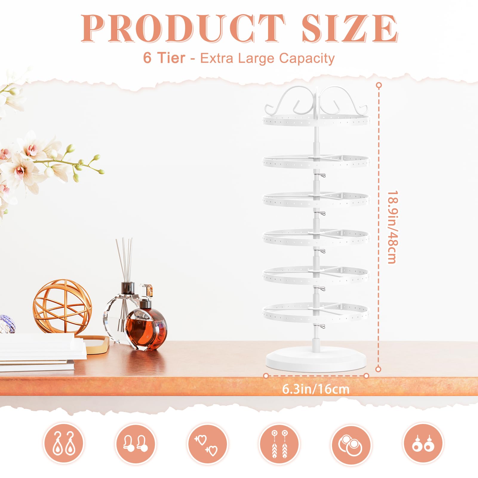 iDavosic.ly 6 Tier Metal Rotating Earring Holder Organizer Stand, White