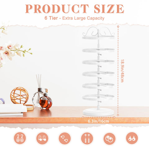 iDavosic.ly 6 Tier Metal Rotating Earring Holder Organizer Stand, White