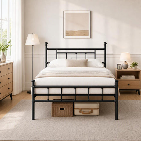 APEXTELLA HOME Bed Frame Double Bed Modern Style with Headboard and Footboard Black Metal Slat Support and 42cm Underbed Storage Space Easy Assembly