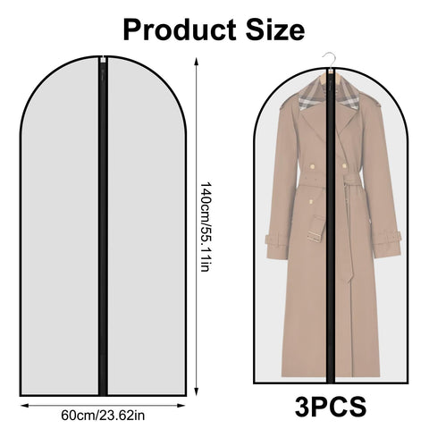 3 Pcs Dress Bags Coverss, 60 x 140cm Long Dress Covers Garment Bags for Hanging Clothes Protector Bag, Waterproof Dustproof Clothes Covers with Zip