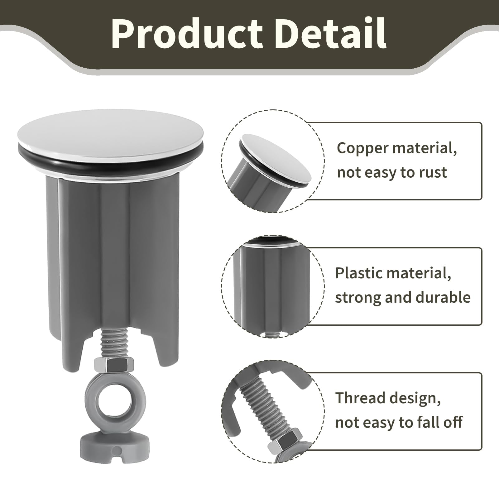 40mm Pop Up Sink Plug Replacement, Adjustable Height Sink Drain Plug 67-83mm Universal Bathroom with Chrome Plated Brass, Waterproof Rubber Sealing