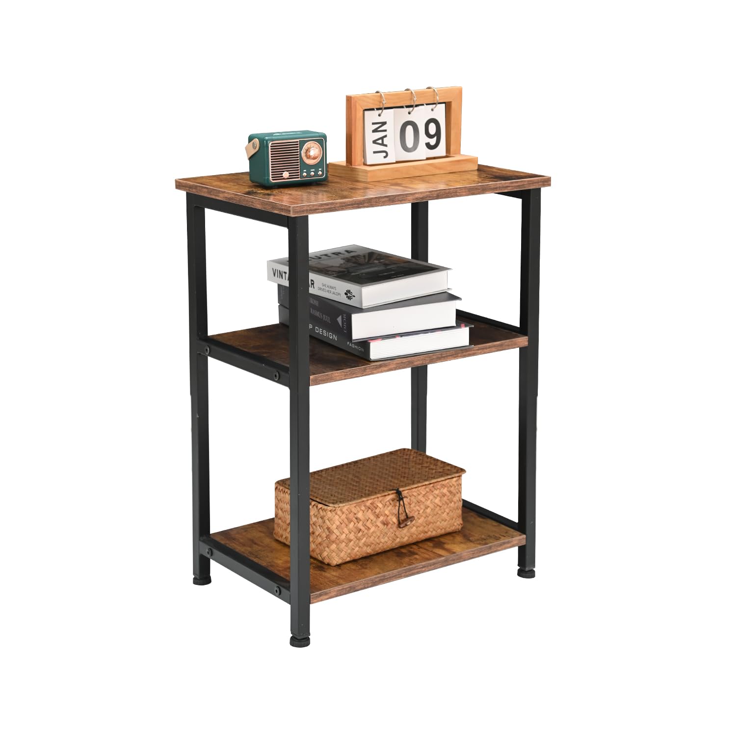 H JINHUI 3-Tier Side Table, Sofa End Table, Solid Wood Tall End Table with Storage Shelves, Nightstand Bedside Table for Living Room Bedroom Office