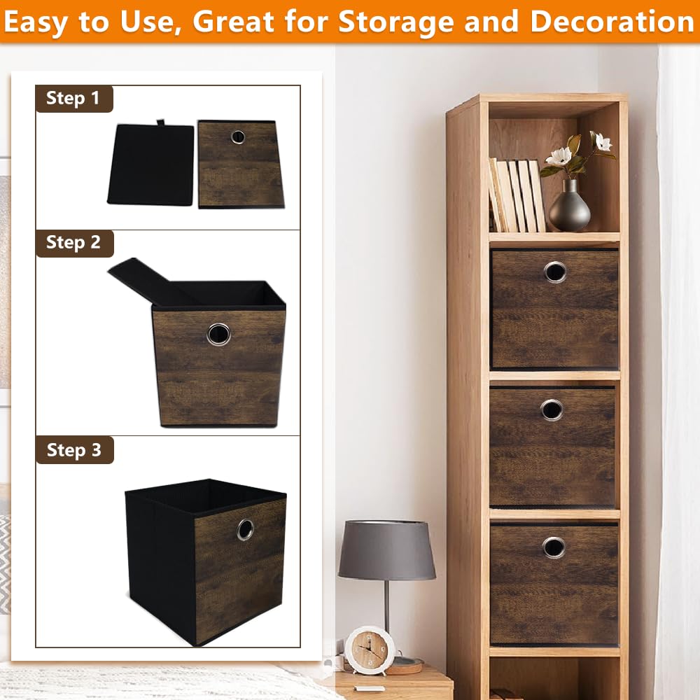 4 Pack Durable Storage Cube Box with Wood Grain,Decorative Thickened Fabric Storage Basket,Space Saving Foldable Cube Bins for Open