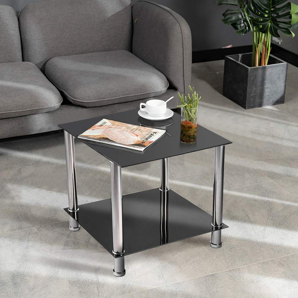 Greensen Coffee Table Tempered Glass Living Room Side Table Black Glass Coffee Tables 2 Levels Glass Table with Chrome Legs Coffee Table Metal