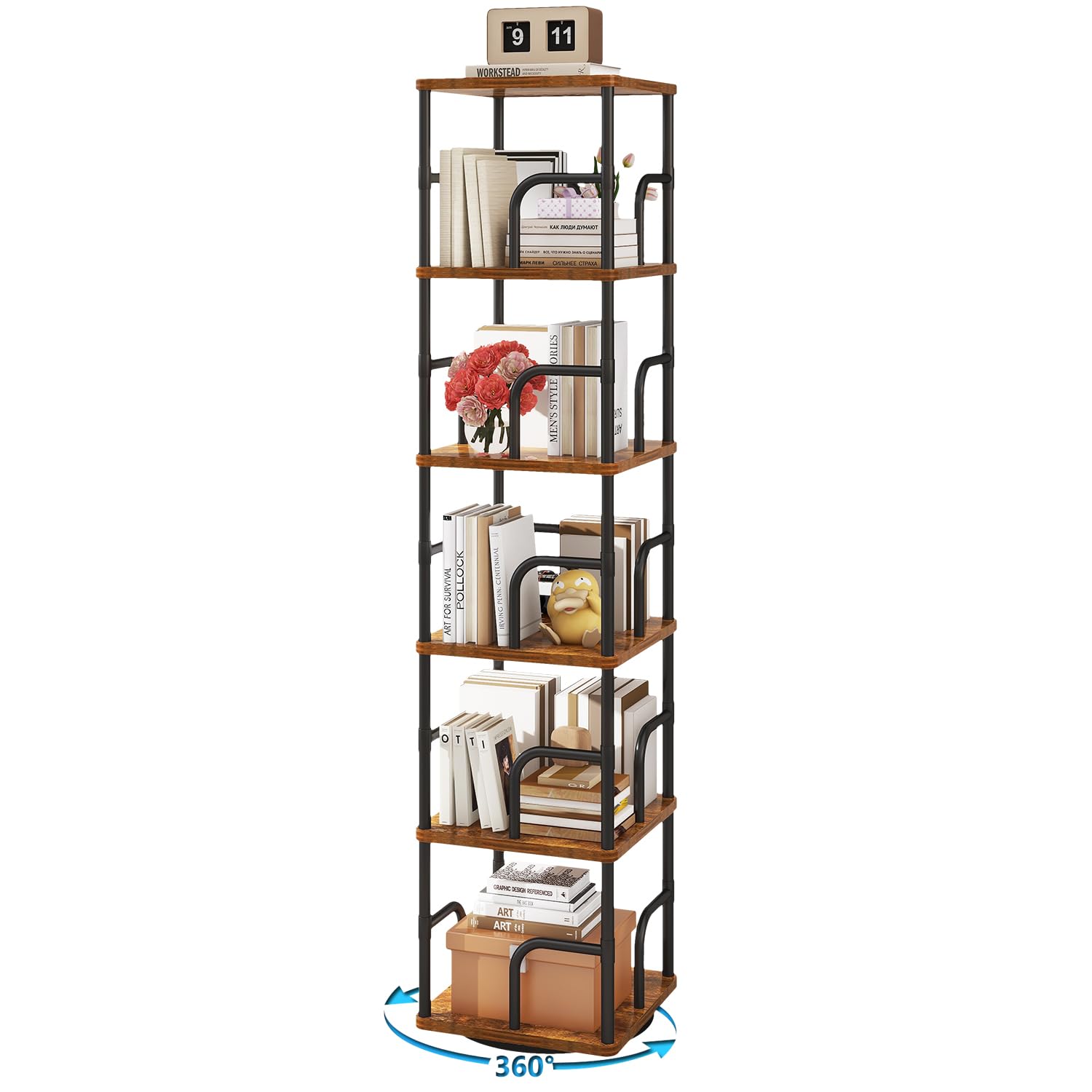 IBUYKE 6 Tier Rotating Bookshelf,Square Bookcases,Brown TBC005H