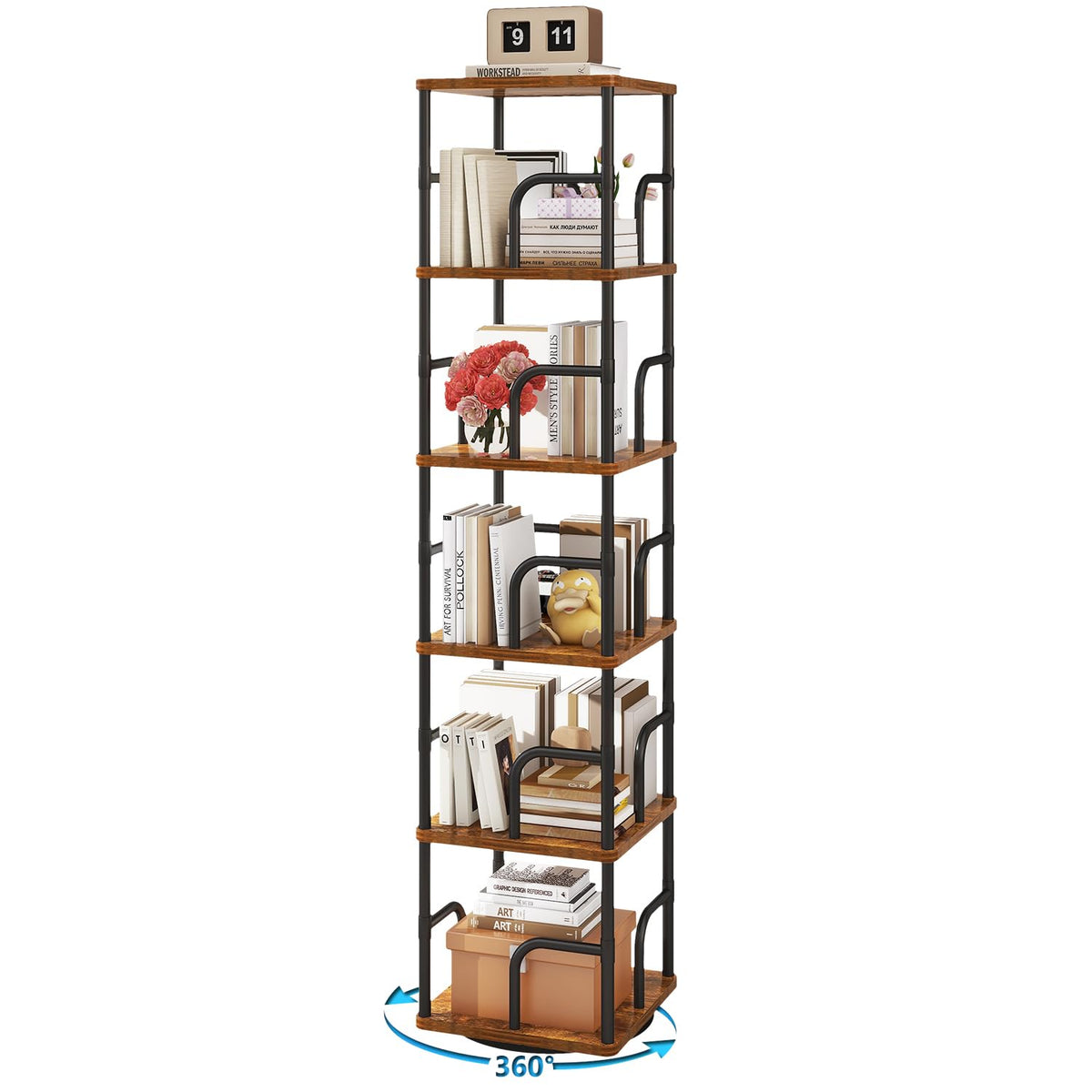 IBUYKE 6 Tier Rotating Bookshelf,Square Bookcases,Brown TBC005H