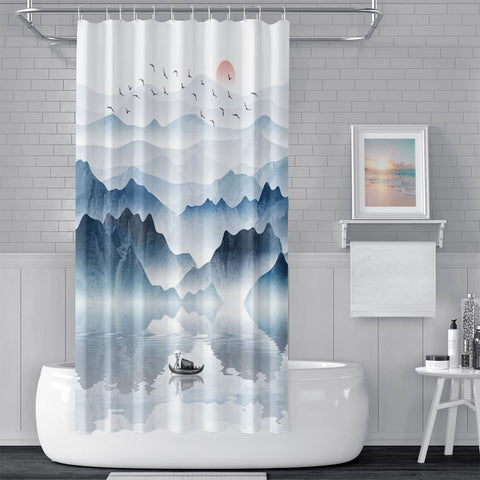 SDOTPMT 48x72 Inch Mountain Landscape Shower Curtain Lake Wooden Boat Red Sun Wild Goose Nature Scenery Foggy Modern Oil Painting Bath Curtain Fabric