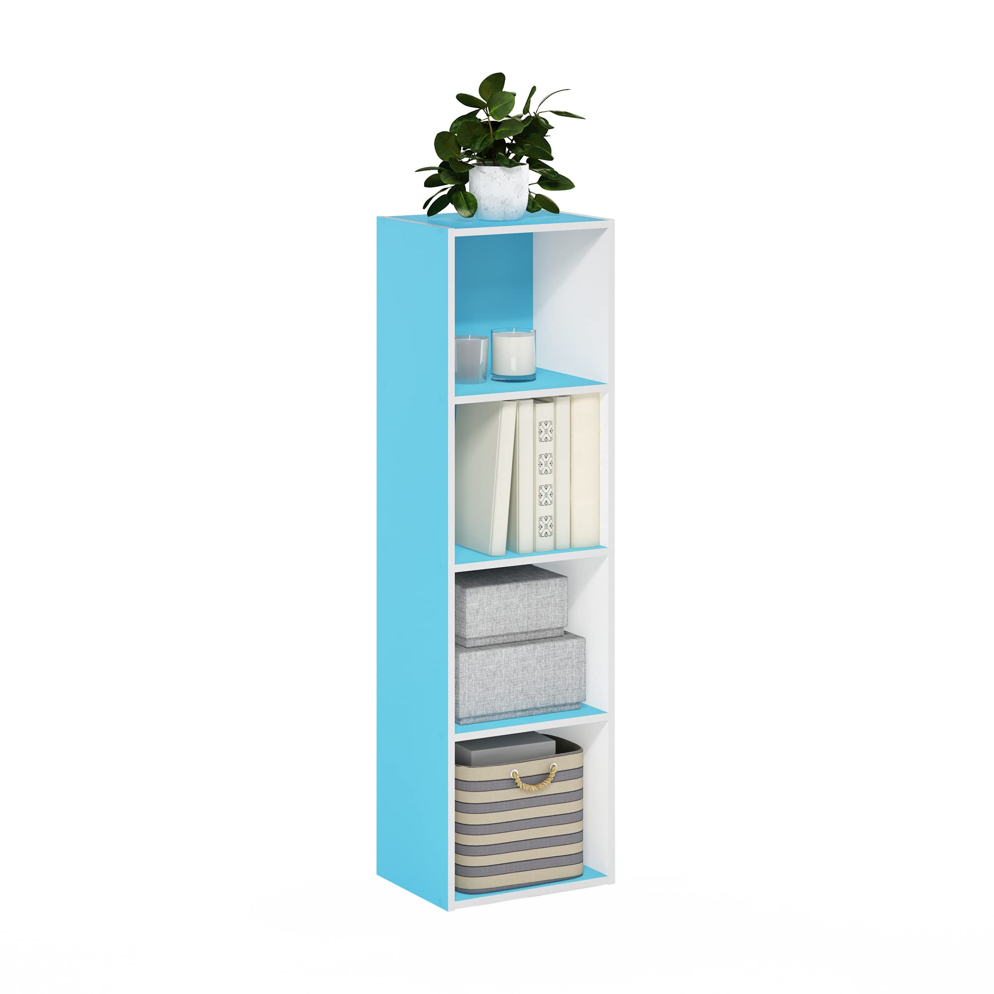 Furinno PASIR Book Shelf, 4-Tier Modern Bookshelf, Open Shelves Bookcase 9 x 12 x 42, for Living Room, Bedroom, Home Office, Light Blue/White