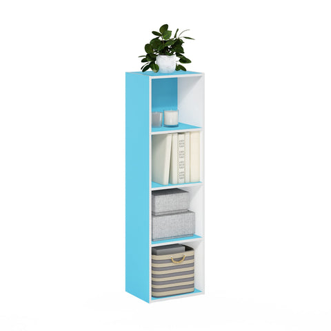 Furinno PASIR Book Shelf, 4-Tier Modern Bookshelf, Open Shelves Bookcase 9 x 12 x 42, for Living Room, Bedroom, Home Office, Light Blue/White